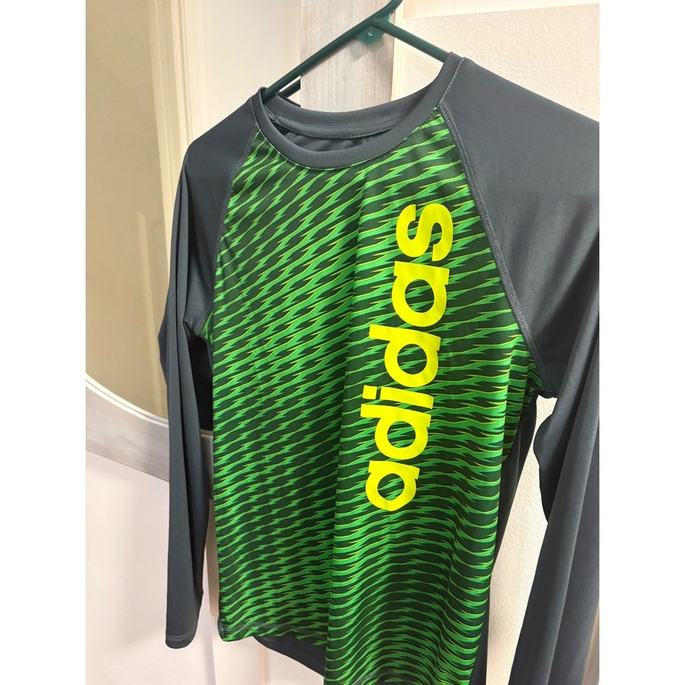 Adidas Boys Rash Guard Swim Shirt Green Black Long Sleeve Logo Size L 14/16